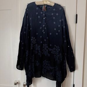 Johnny Was Navy Floral Embroidered Top
